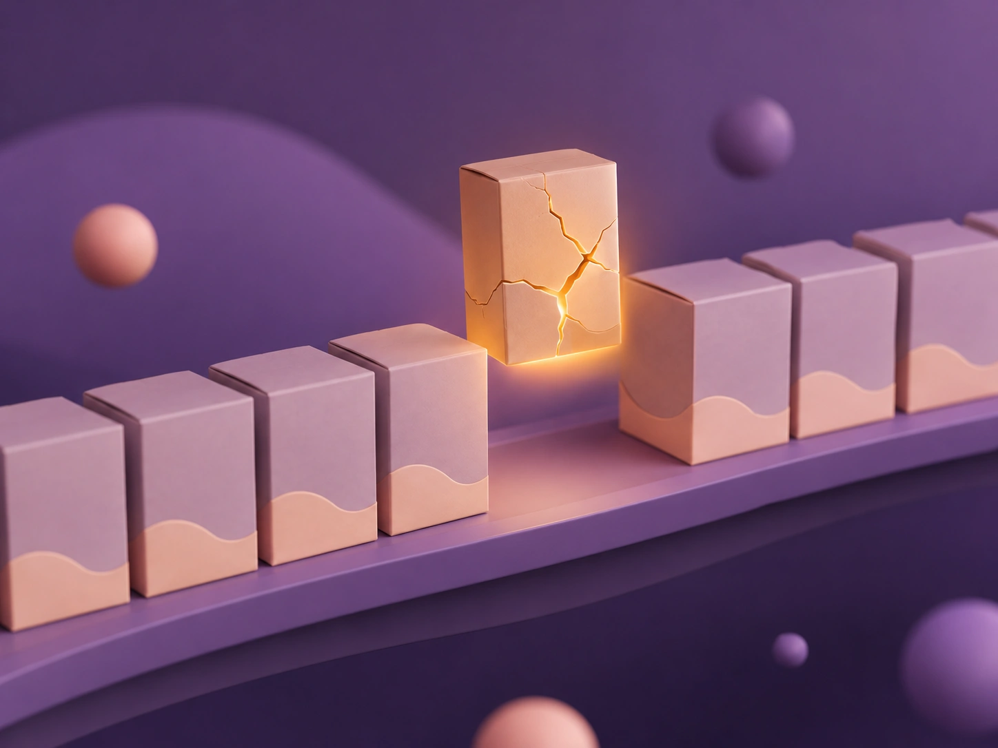 Soft 3D illustration of pastel product boxes on a scale with one cracked box glowing, floating on a purple gradient with orbs
