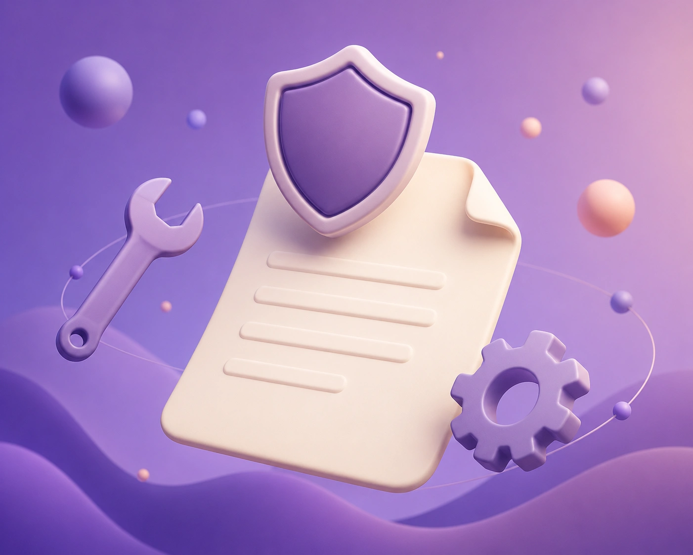 Soft 3D illustration of a glowing document with a shield emblem floating above a purple gradient backdrop with orbs