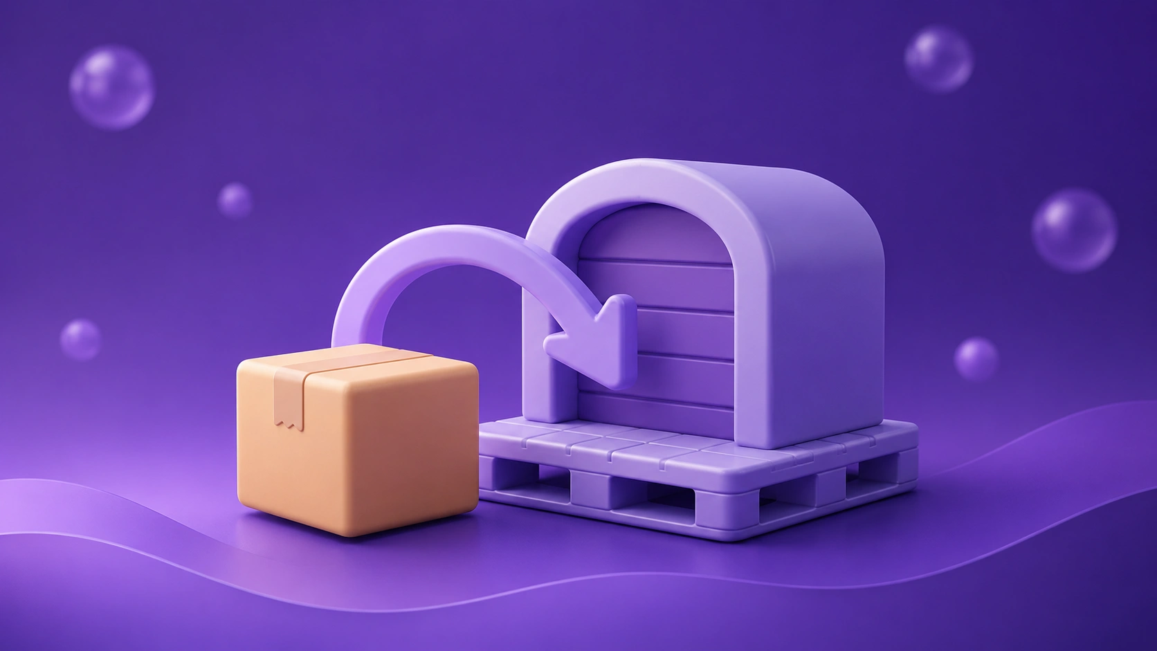 Soft 3D illustration of a delivery box with a curved return arrow and a warehouse pallet on a purple gradient with orbs