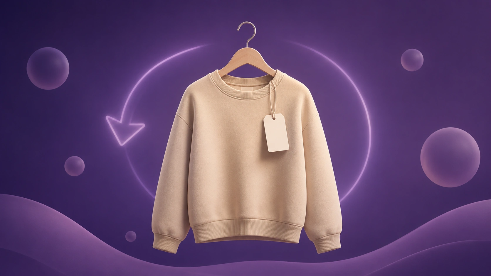 Soft 3D illustration of a garment with a price tag still attached floating beside a return arrow on a purple gradient with orbs