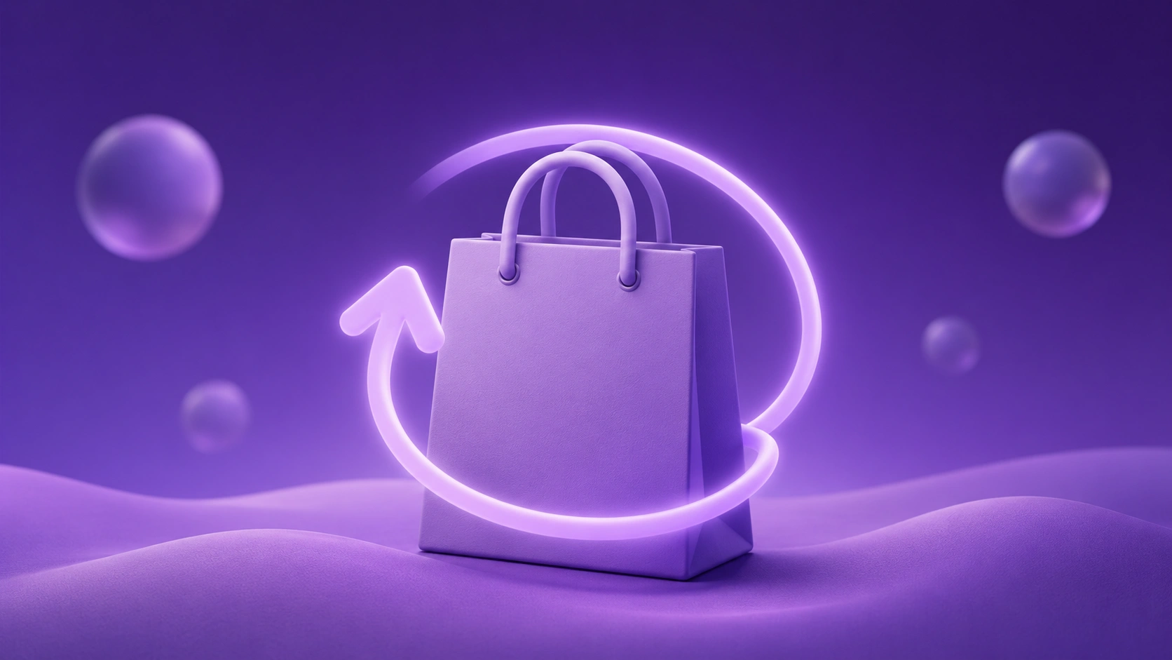 Soft 3D illustration of a shopping bag and a circular return arrow floating on a purple gradient with orbs