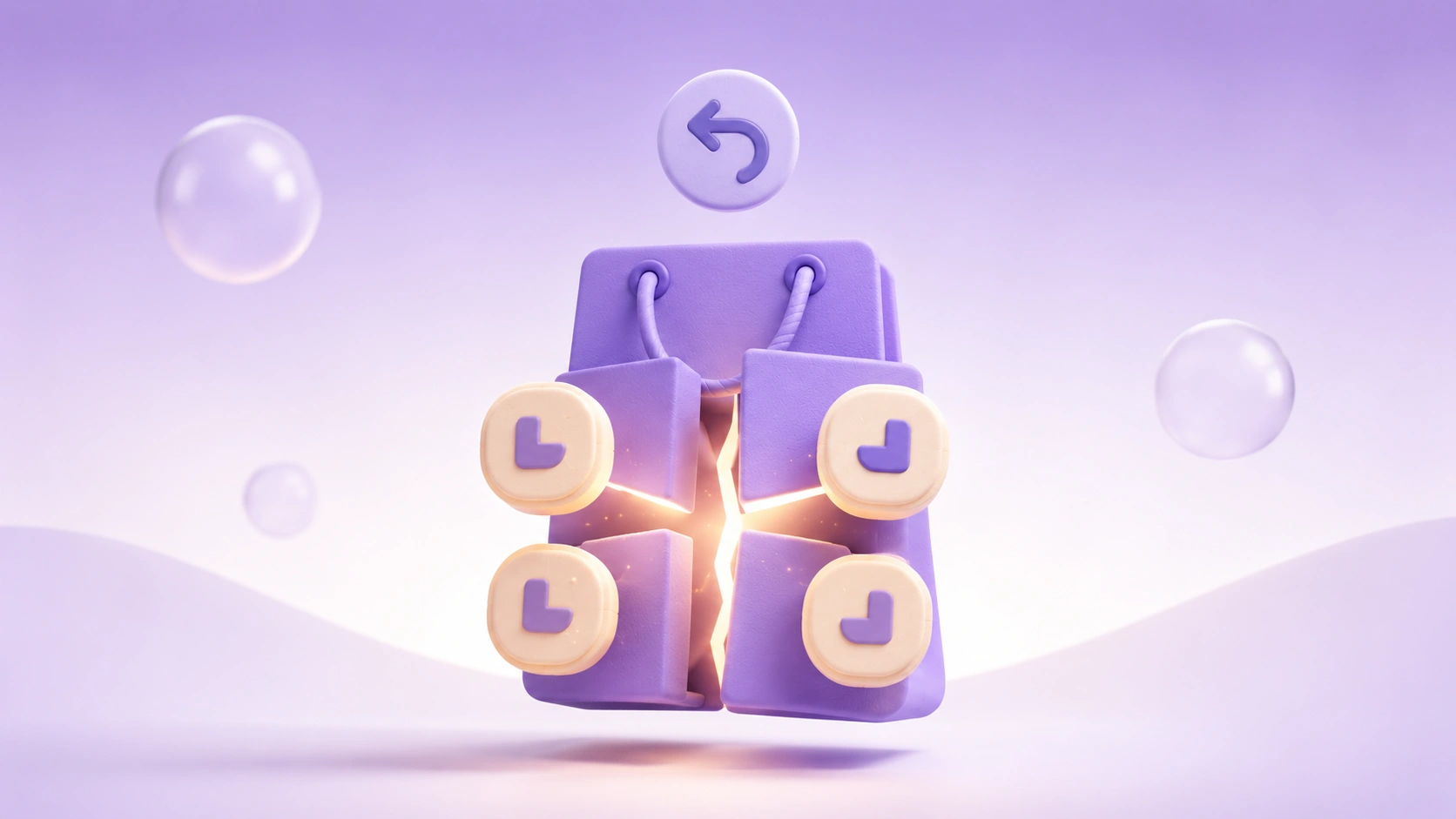 A 3D illustrated shopping bag split into three small floating payment tokens with a return arrow badge above on a soft purple gradient with orbs.