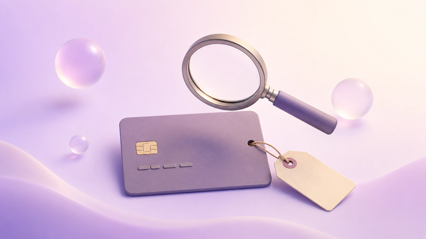 A 3D illustrated card with a small numbered tag and a magnifying glass beside it, floating on a soft purple gradient with orbs.