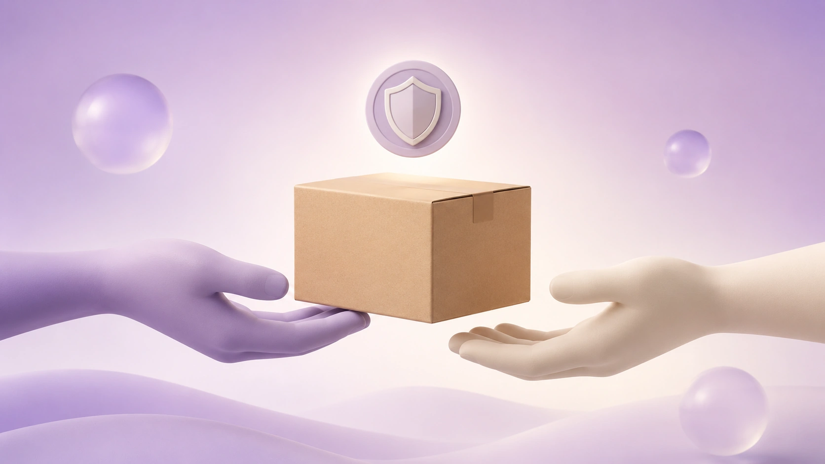 A 3D illustrated product box passing between two floating hands with a circular shield badge above it on a soft purple gradient with orbs.