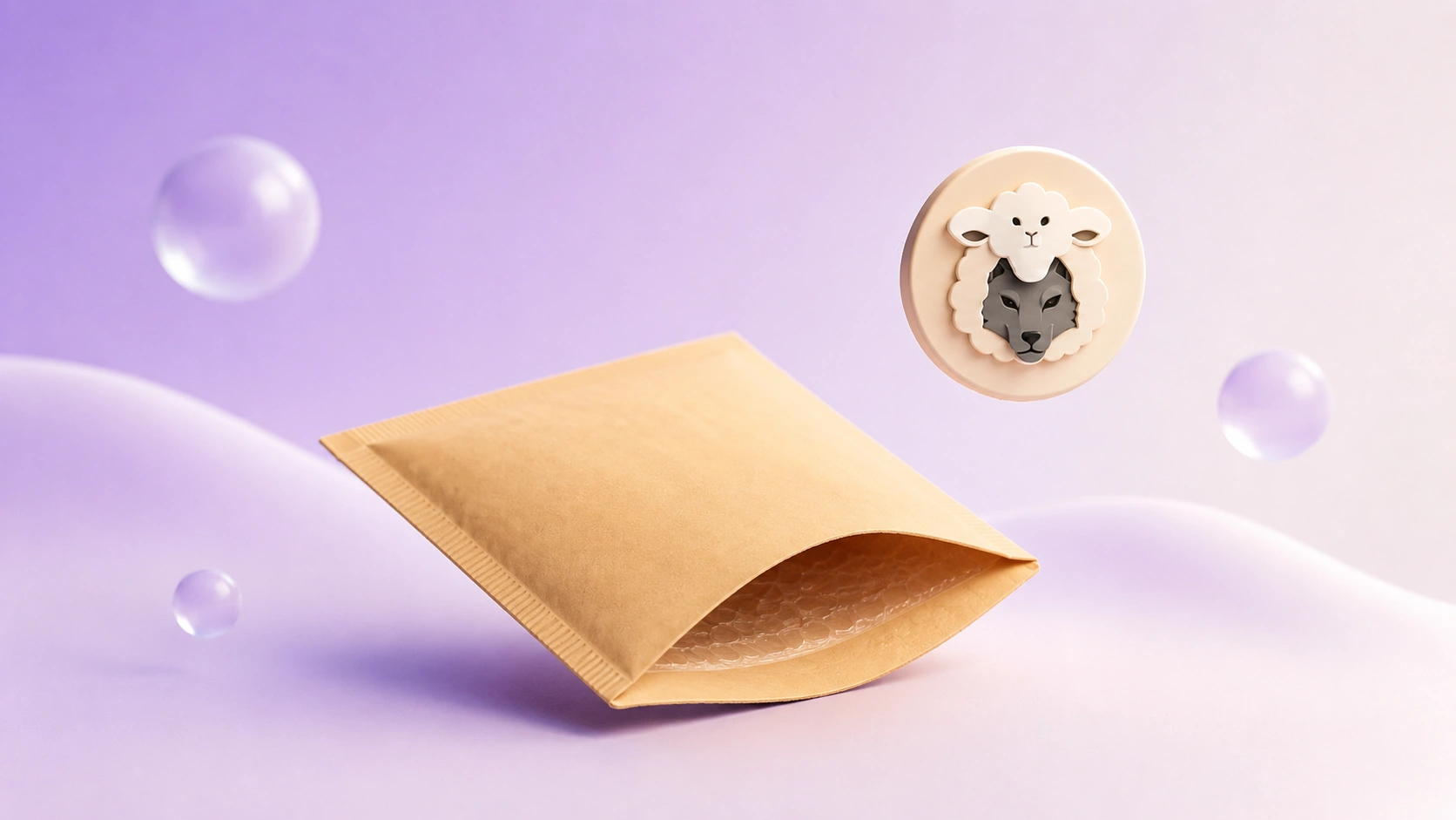 A 3D illustrated cardboard return box with a wolf-in-sheep mask badge resting on top, floating on a soft purple gradient with orbs.