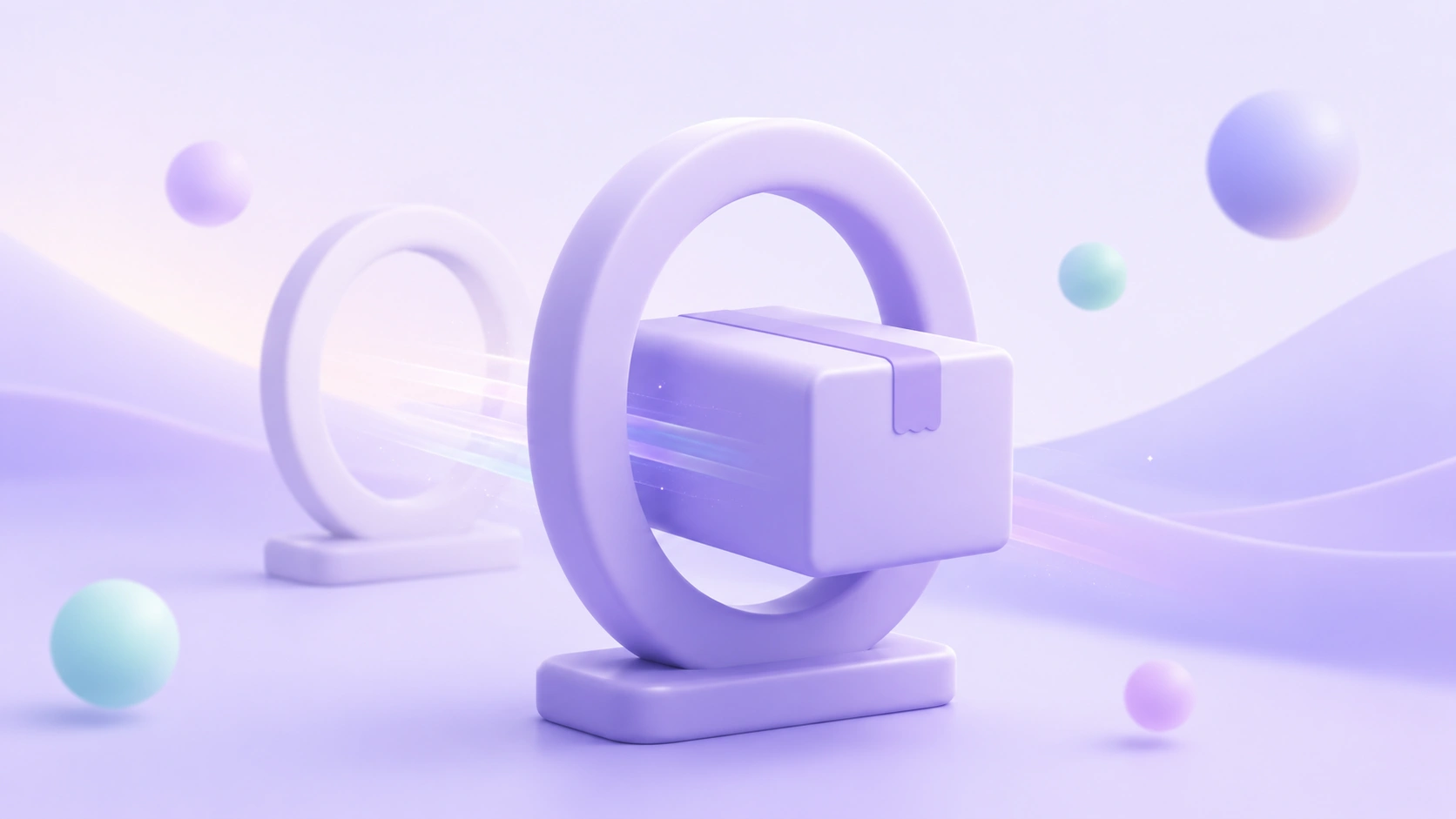 Soft 3D illustration of a single lavender parcel passing cleanly through one open ring on the first try, representing one-touch claim resolution.