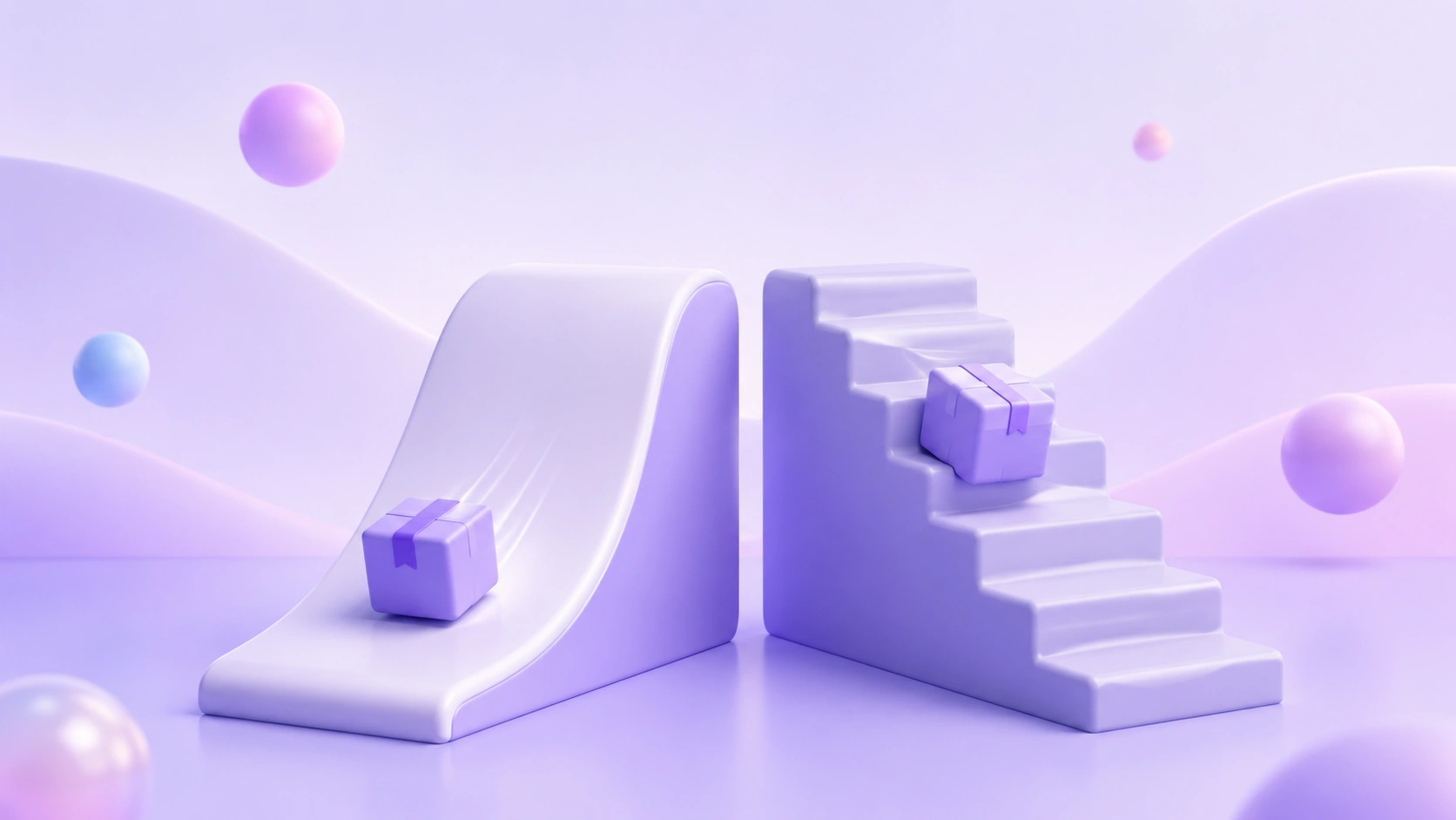 Soft 3D illustration of a smooth lavender ramp beside a stepped one, with a parcel rolling easily down the smooth path, representing low customer effort.