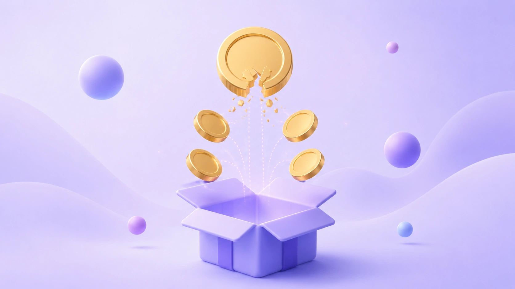 Soft 3D illustration of a single coin splitting into four smaller coins falling away from an open lavender box, representing the hidden cost of a friendly-fraud dispute.