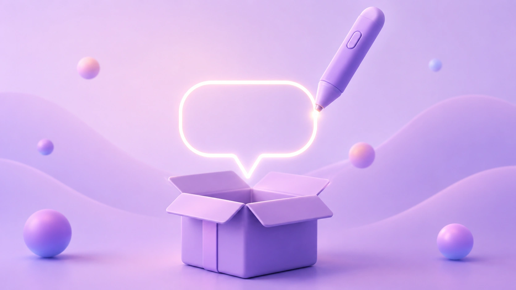 Soft 3D illustration of a glowing pen drawing a speech bubble over an open lavender parcel, representing generative AI writing a post-purchase reply.