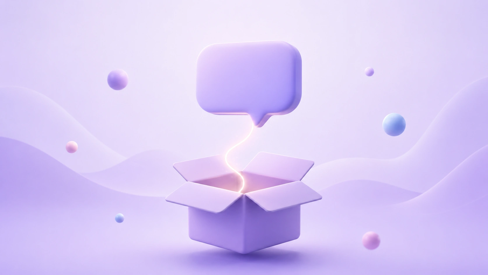 Soft 3D illustration of a glowing speech bubble connected to an open lavender parcel, representing conversational AI resolving a post-purchase question.