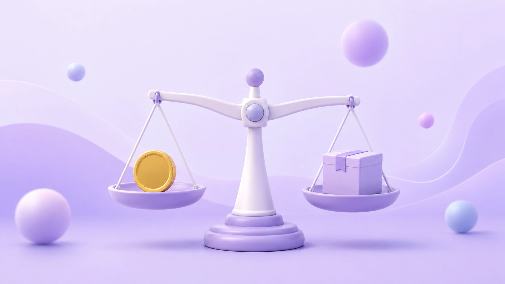Soft 3D illustration of a balance scale weighing a coin against a lavender return box, representing the return fee decision.