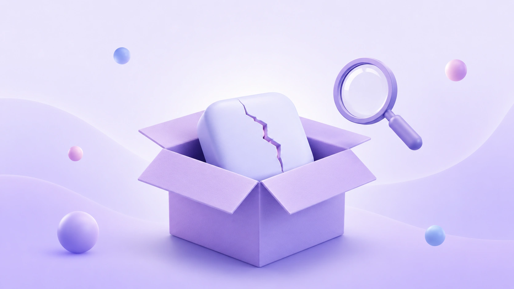 Soft 3D illustration of a cracked product inside an open lavender return box with a small magnifier, representing defective product return handling.