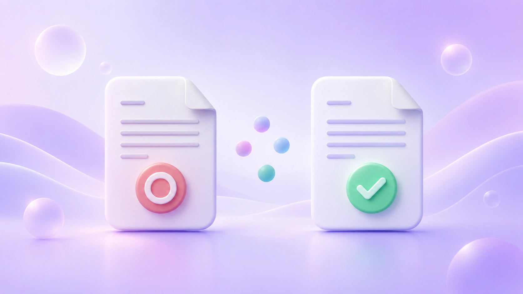 Soft 3D illustration of a lavender claim form with a rejection stamp, beside a smaller approved form, representing warranty claim denial and fair review.