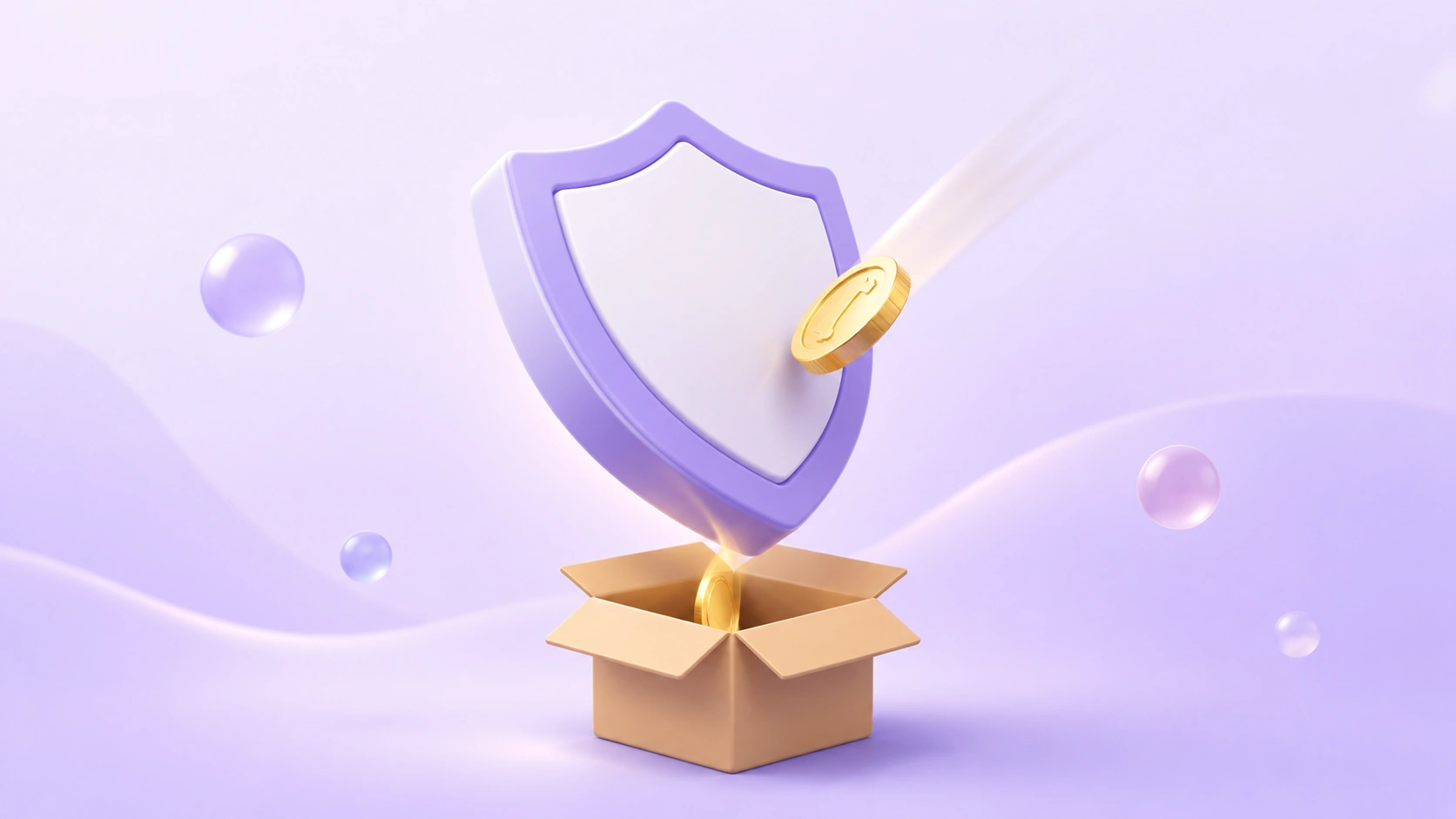 Soft 3D illustration of a shield deflecting a falling coin into an open lavender box, representing a brand winning a chargeback representment dispute.
