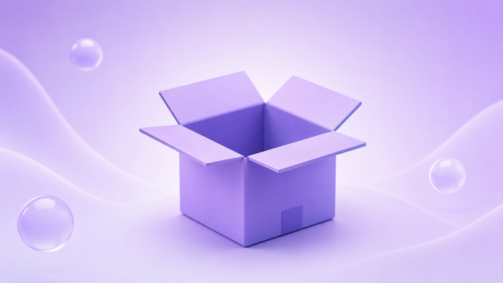 A soft 3D illustration of a refund coin, return box, approval badge, and circular arrows on a purple gradient background.