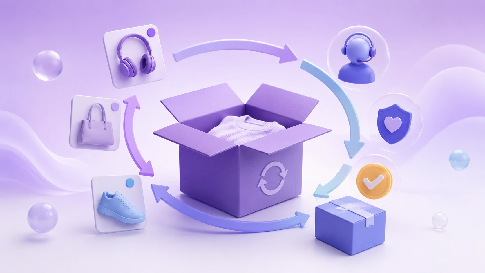 A soft 3D illustration of a return box, automation loop, product cards, and floating approval badges on a purple gradient background.