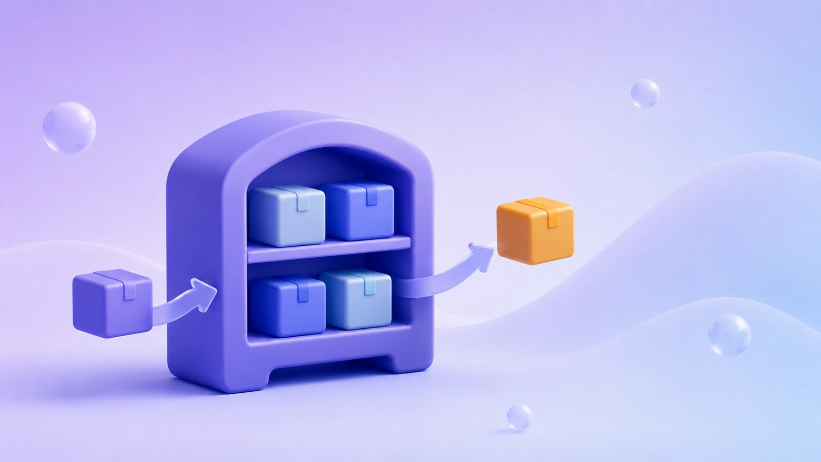Soft 3D illustration of a warehouse shelf with boxes moving in and out along curved arrows on a purple-blue gradient background.