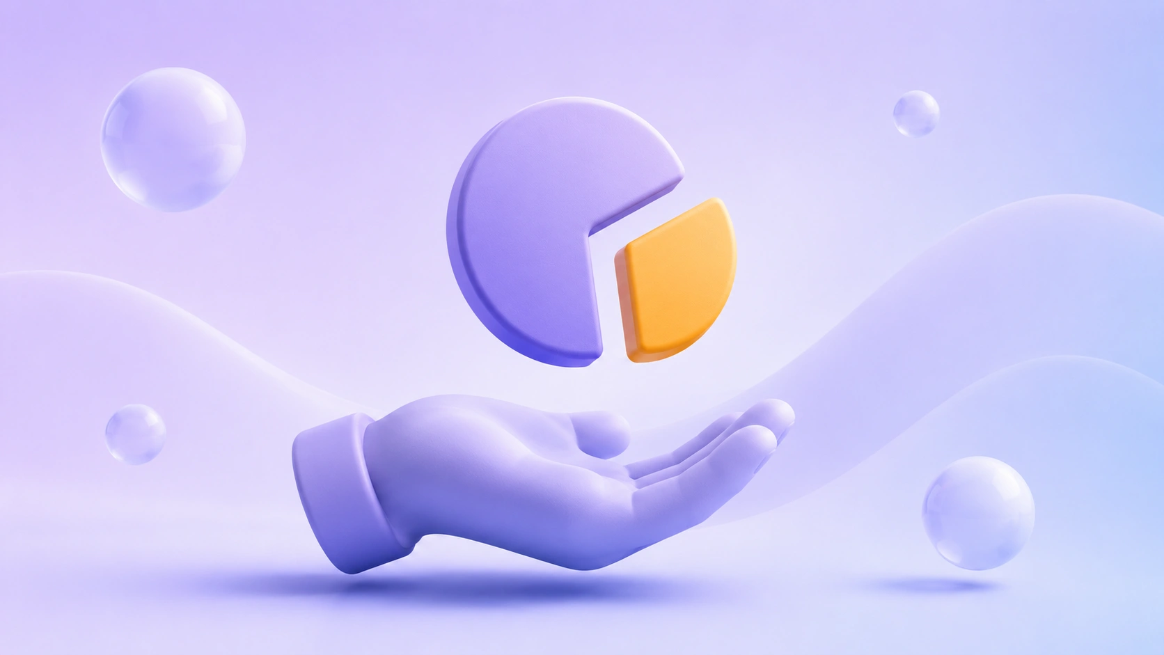 Soft 3D illustration of a hand holding a split value disc, with a smaller amber segment separated from a larger purple segment.