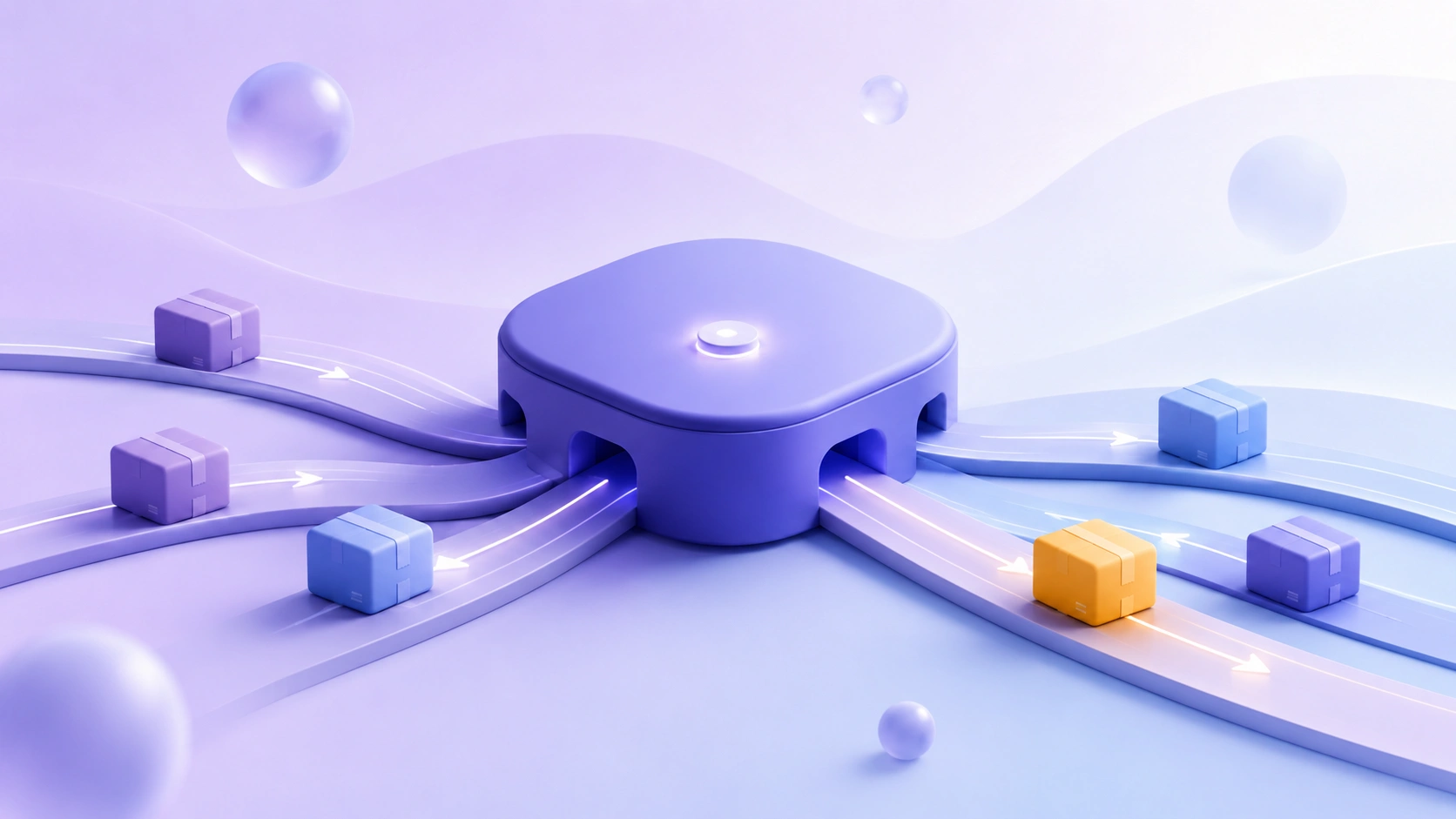 Soft 3D illustration of parcels moving along glowing paths into a central hub, with floating orbs on a purple-blue gradient background.