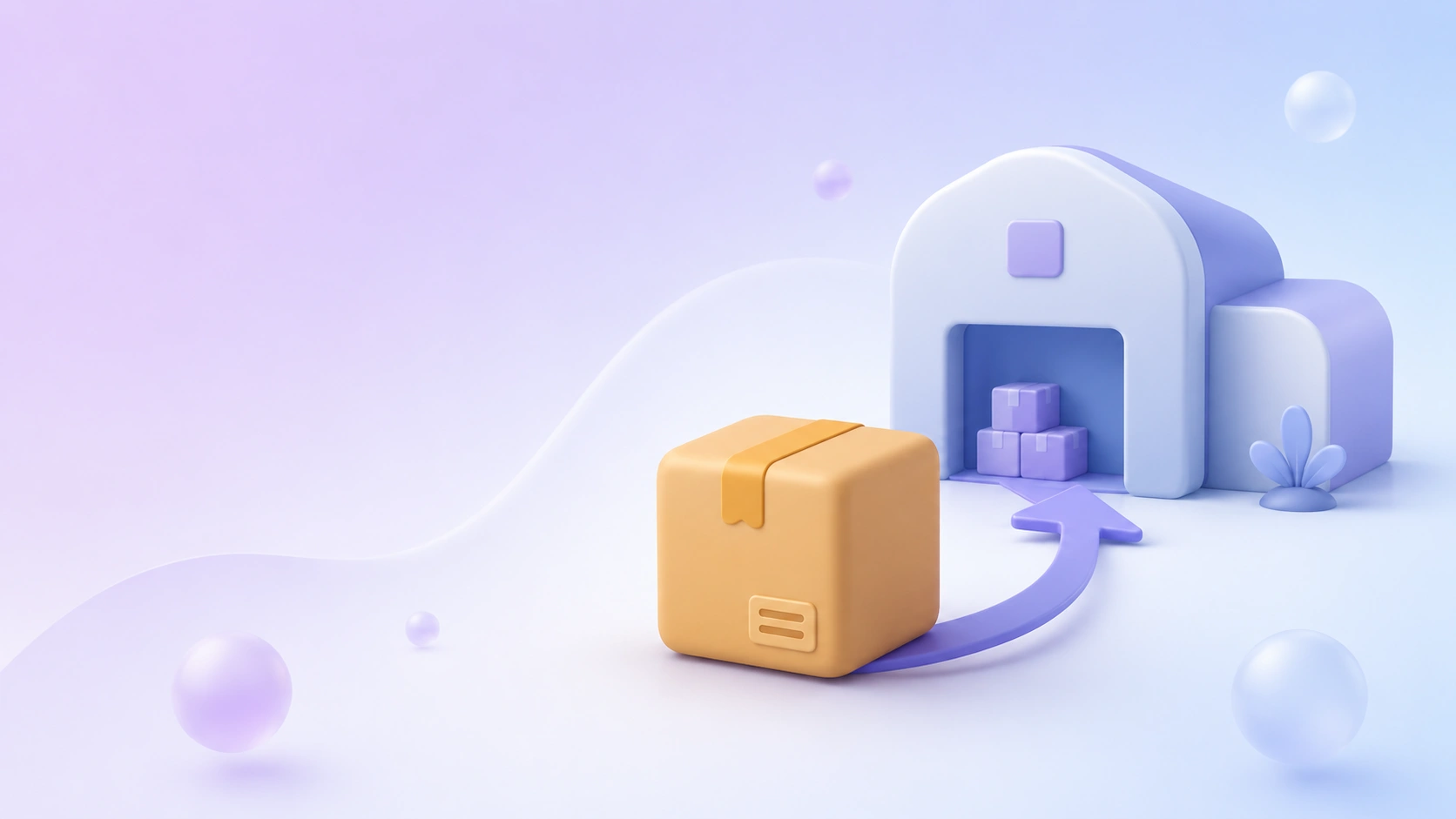 Soft 3D illustration of a yellow parcel moving along a curved arrow toward a warehouse, with small packages, floating orbs, and a purple-blue gradient background.