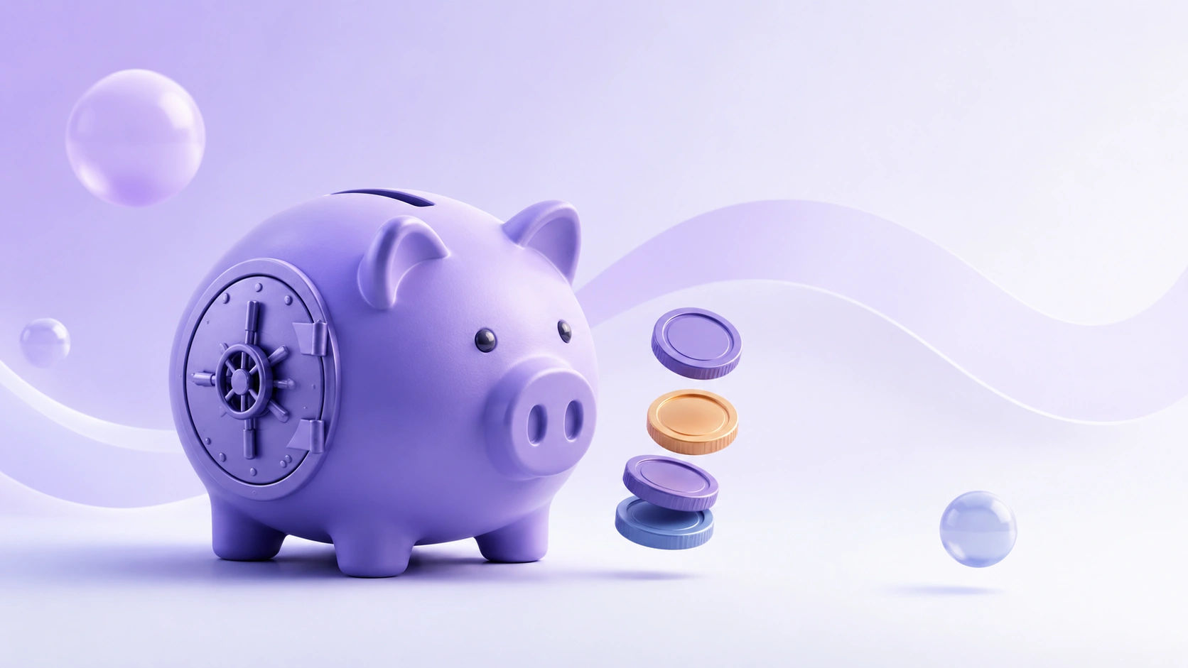3D illustration of a purple piggy bank with a vault door, floating coins, soft orbs, and a light purple wave background.