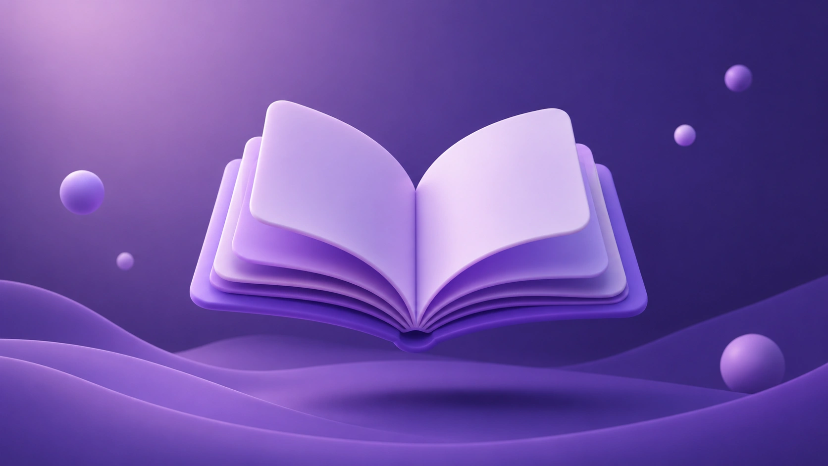 Knowledge base software illustration with floating open book on deep purple gradient