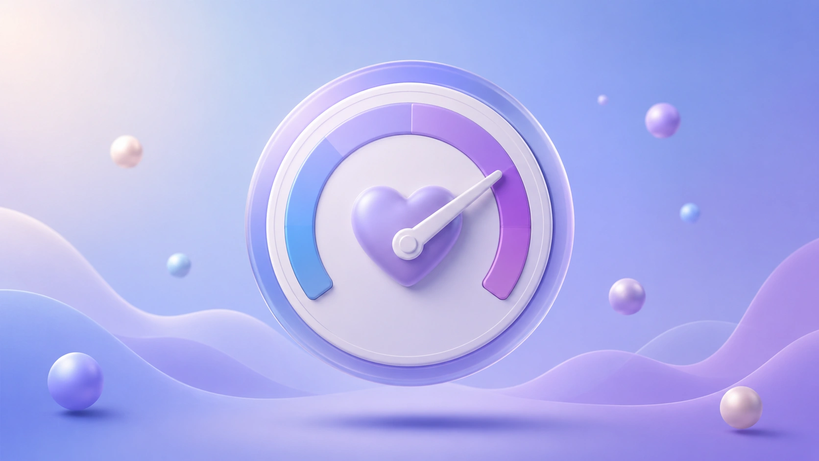 Customer success software illustration with floating health-meter dial on soft blue-purple gradient