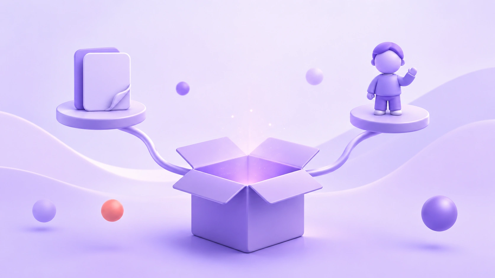 Dropshipping returns illustration with open lavender parcel and floating credit-note shapes on purple gradient