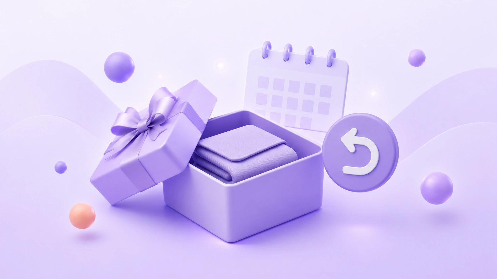 Holiday returns illustration with open lavender gift box and floating return-arrow badge