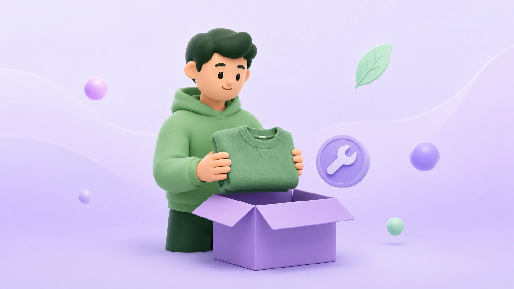 Sustainable returns illustration with green tones, lavender box, and floating leaf accents
