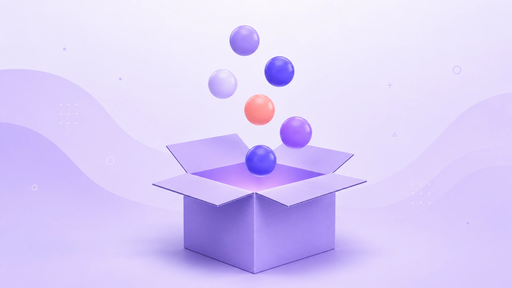 Returns reason codes infographic with floating gradient orbs on lavender background