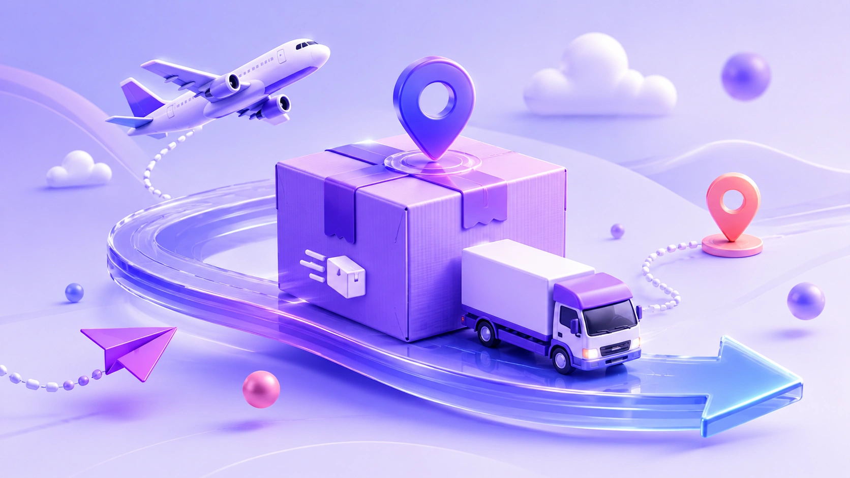 A soft 3D parcel with two arrows, one leaving and one returning, on a purple gradient background.