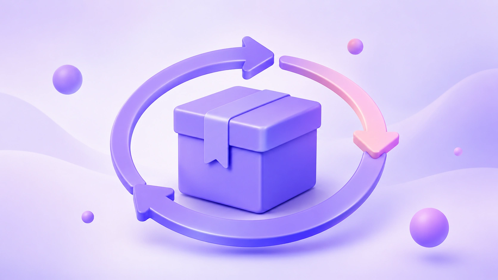 A soft 3D recurring-loop arrow circling a small lavender subscription box on a purple gradient background.