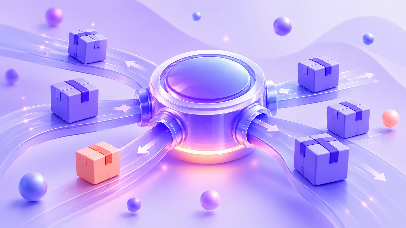 A soft 3D control hub with several parcels flowing into and out of it on a purple gradient background.