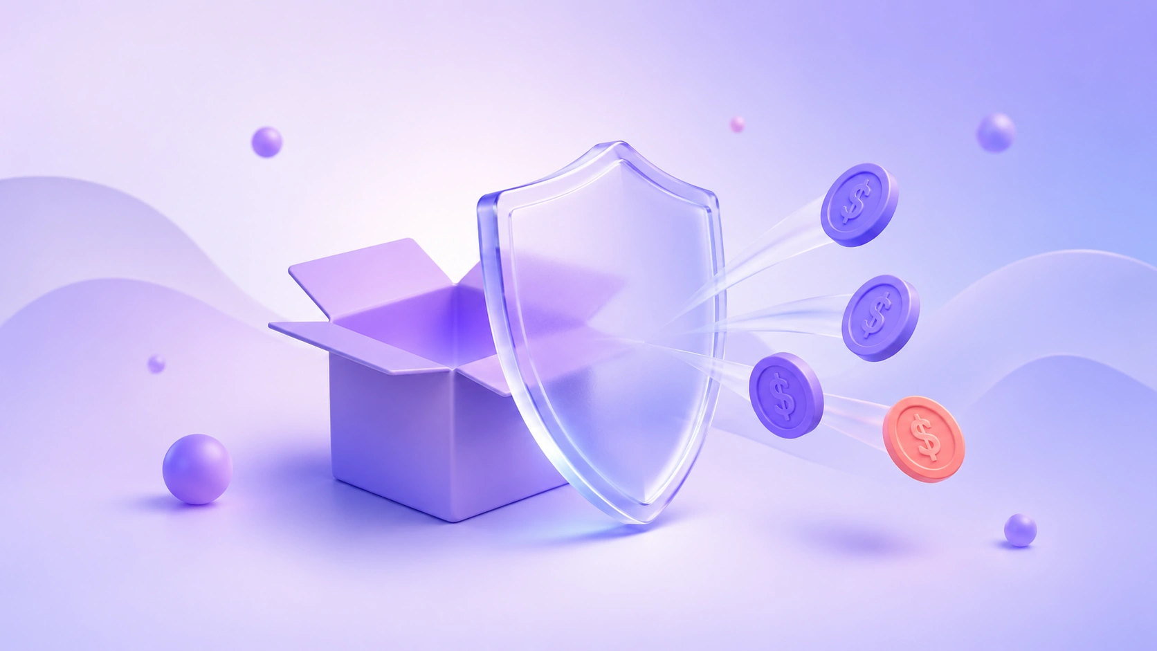 A soft 3D shield deflecting small purple coins away from an open box on a purple gradient background.
