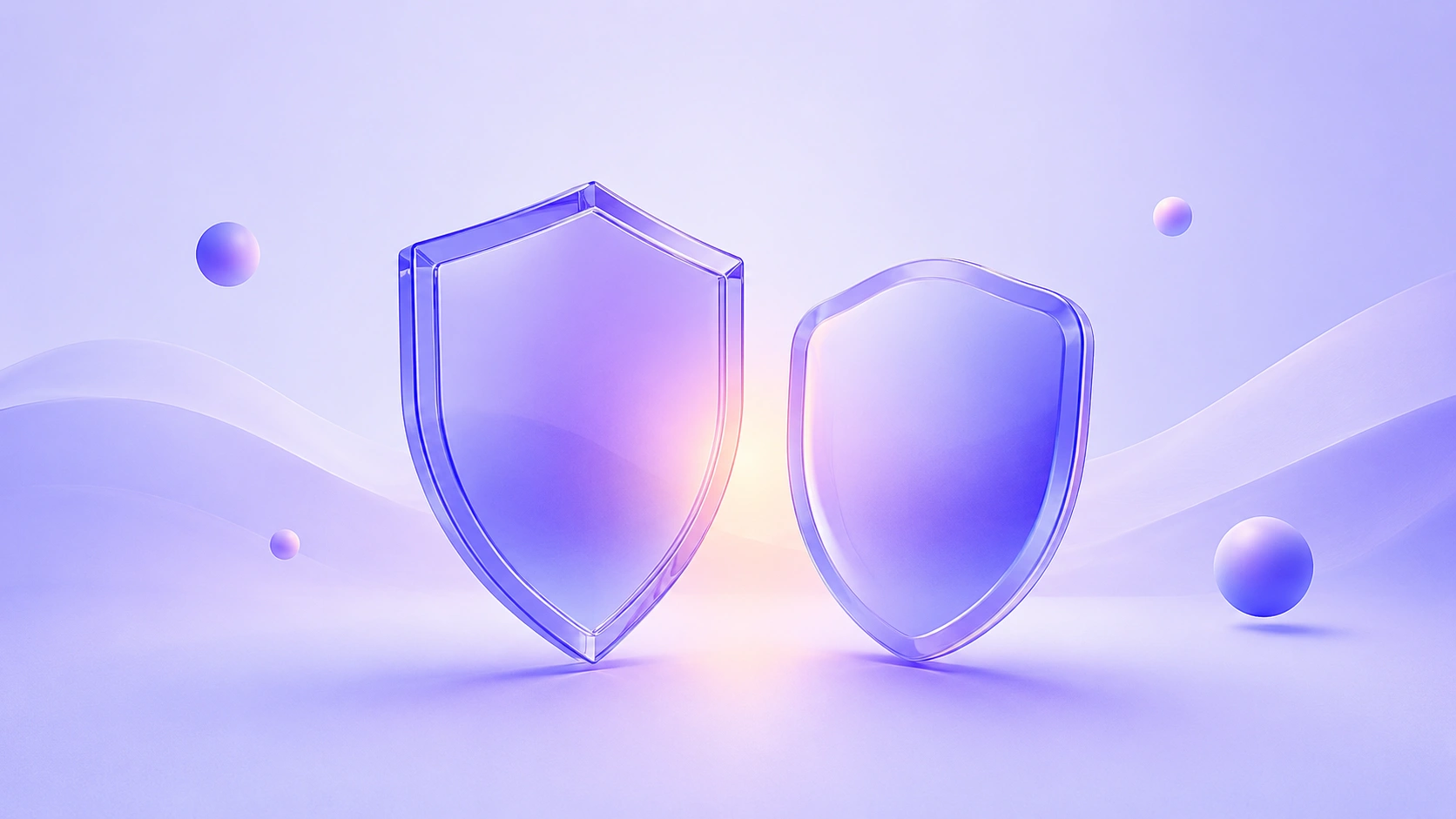 Two soft 3D shields of different shapes resting side by side on a purple gradient background.