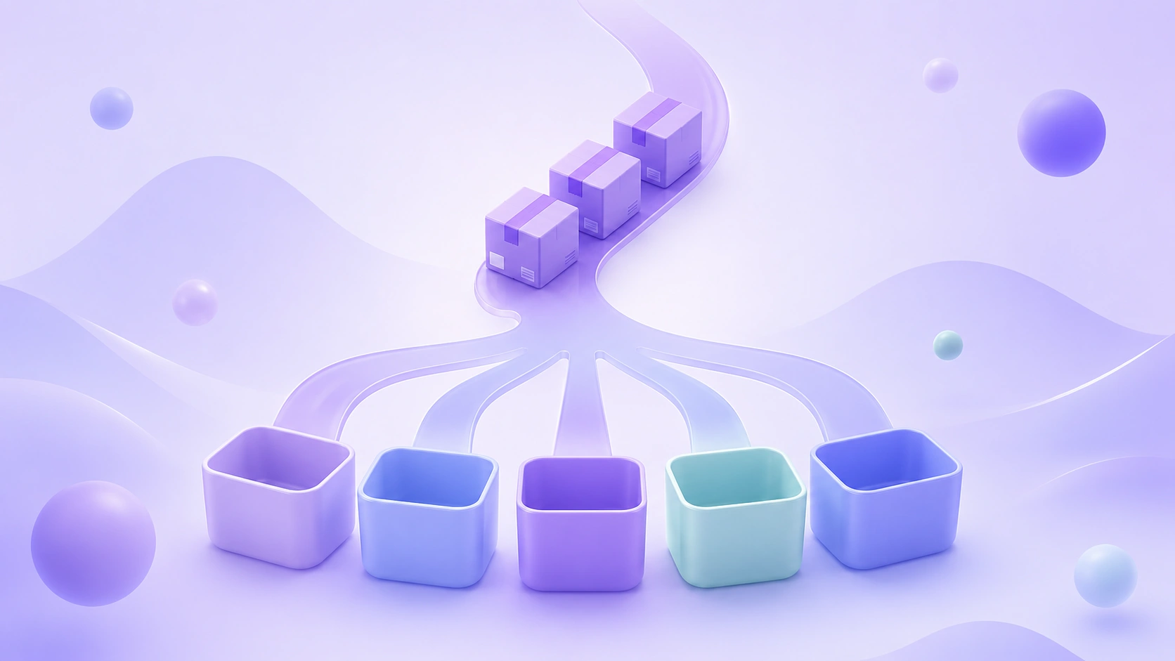 Soft 3D returned boxes flowing along a path that splits into several soft sorting bins on a purple gradient background.