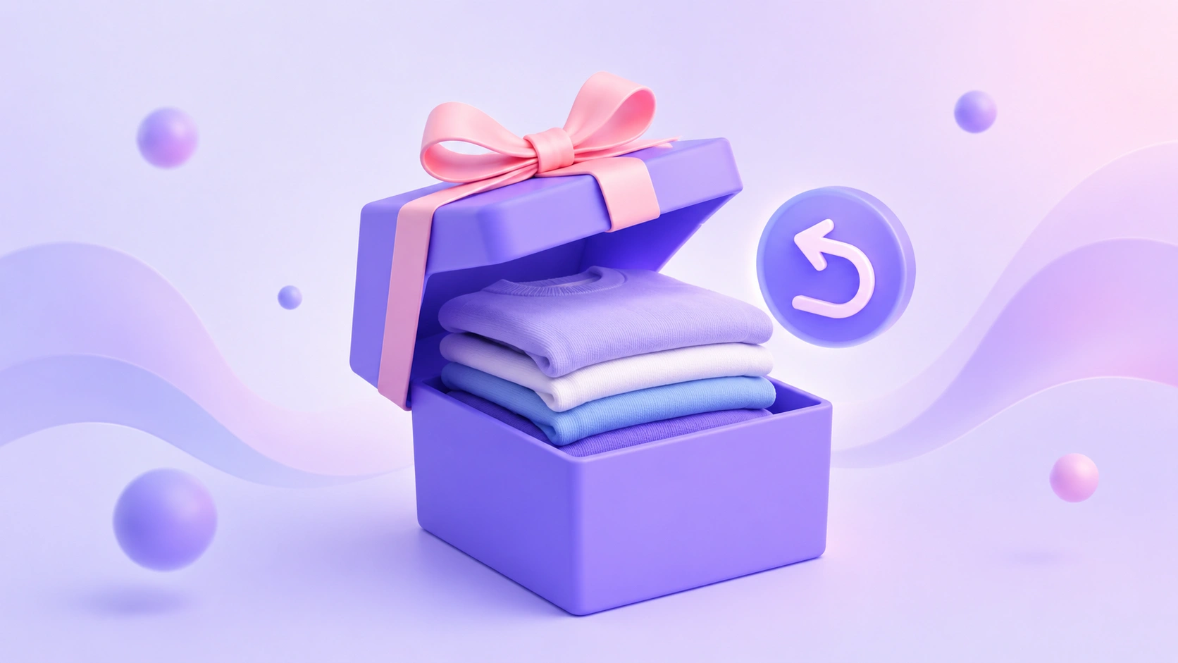 An open lavender gift box with folded clothes inside and a soft return-arrow badge floating beside it on a purple gradient.
