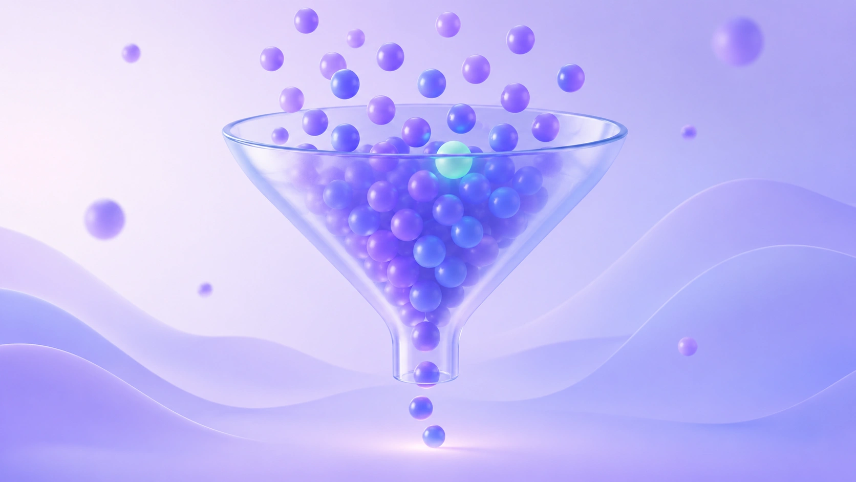 A soft 3D funnel with many glowing orbs flowing in the top and a few passing through the bottom, on a purple gradient.