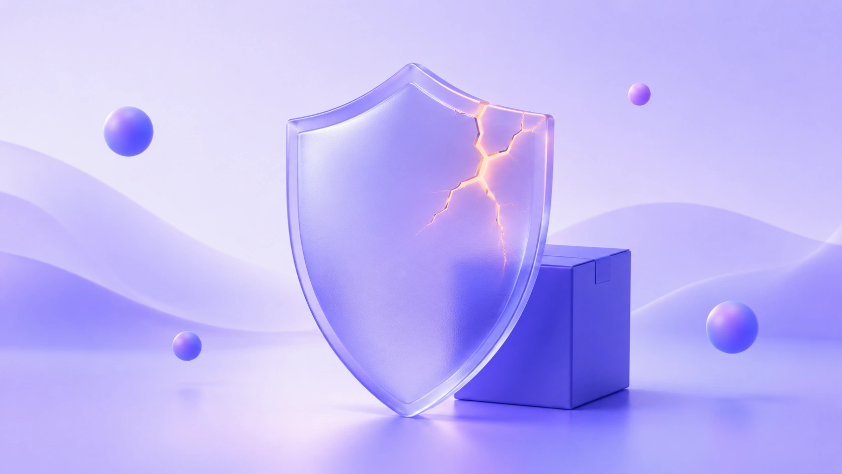 A soft 3D translucent shield protecting a small product box, with one cracked section, on a purple gradient background.
