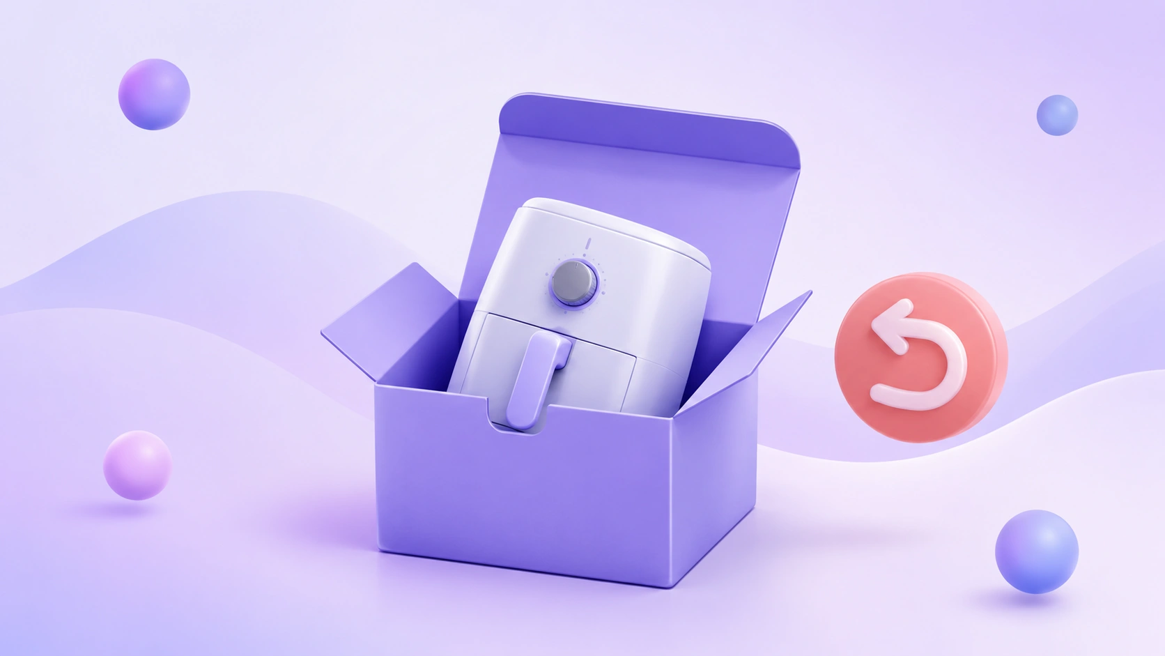 An open lavender cardboard box with a non-working small appliance inside and a return-arrow badge floating beside it.