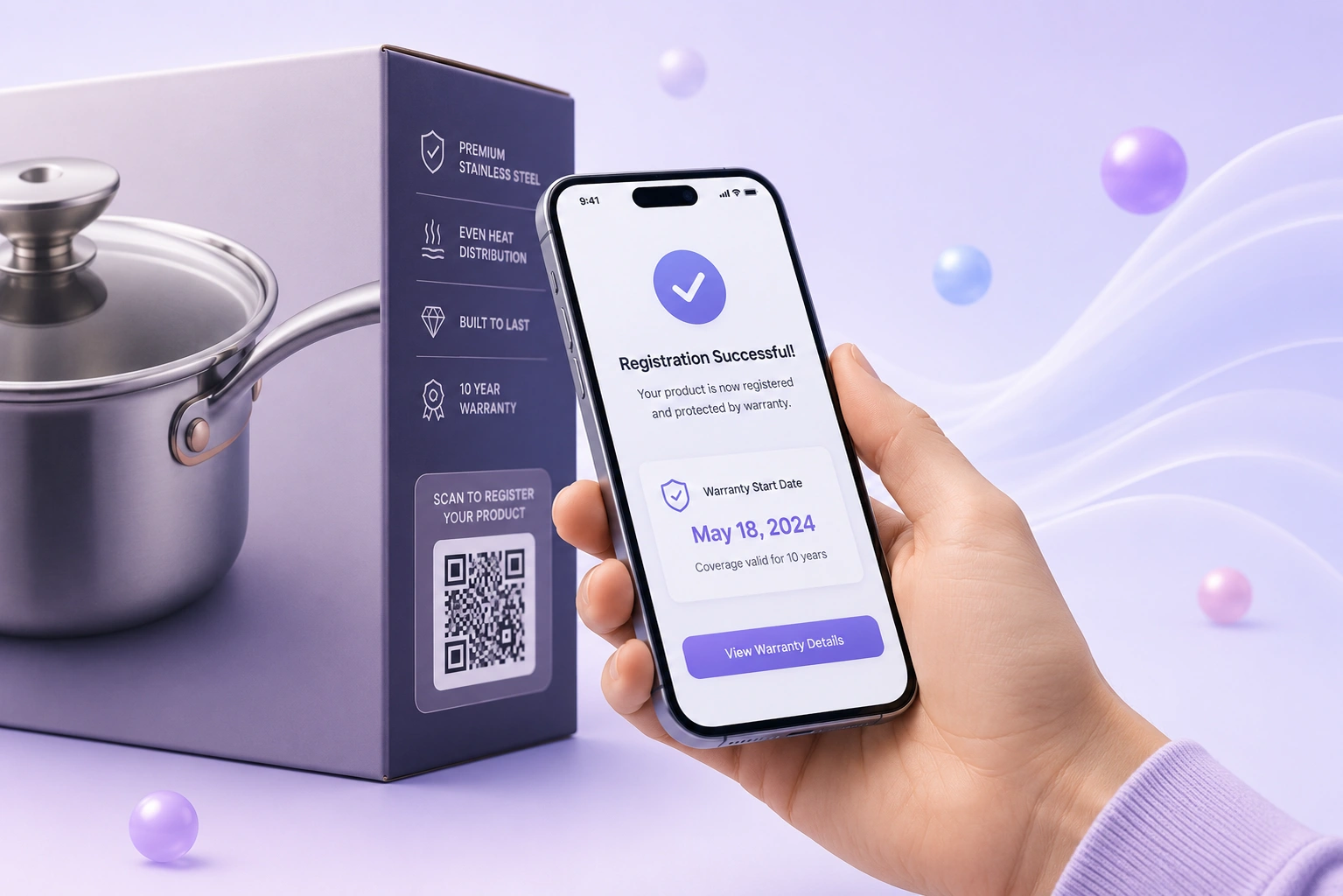 Customer scanning a QR code on a product box with a phone showing a digital registration screen.