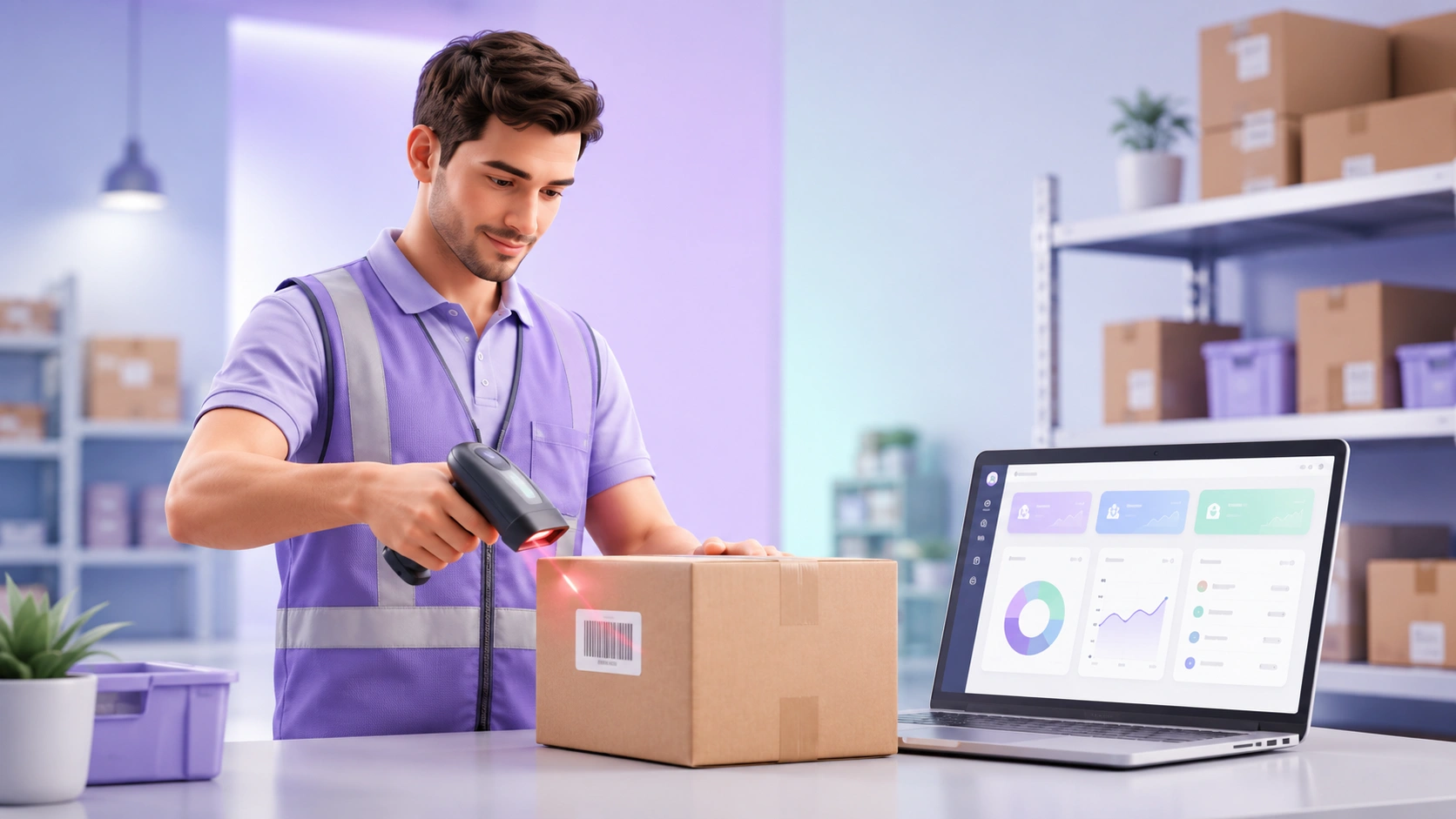 Barcode scanner reading a product serial number with a warranty dashboard on screen.