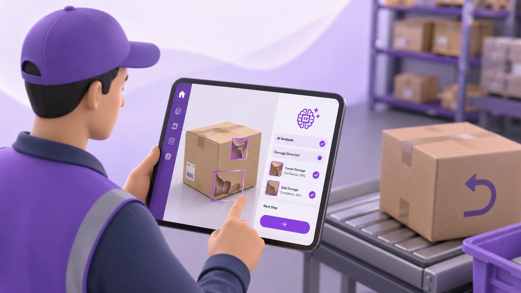 Warehouse worker using AI-assisted returns triage on a tablet