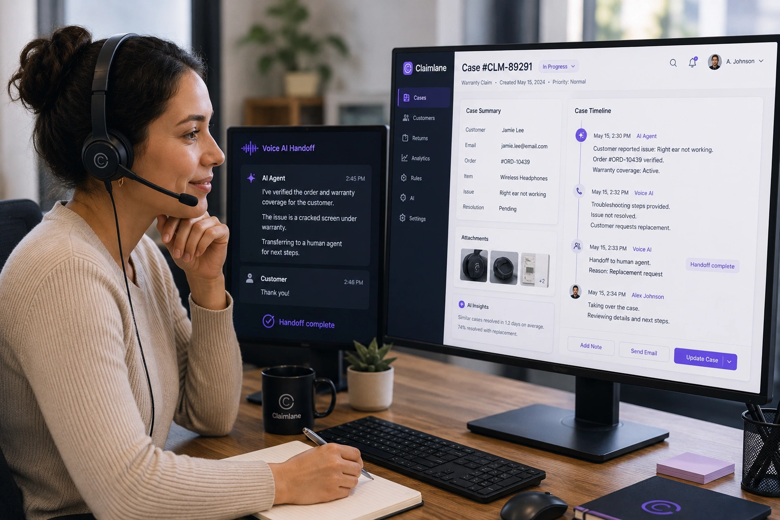 Customer service agent listening to a voice AI handoff with a Claimlane case timeline open on screen