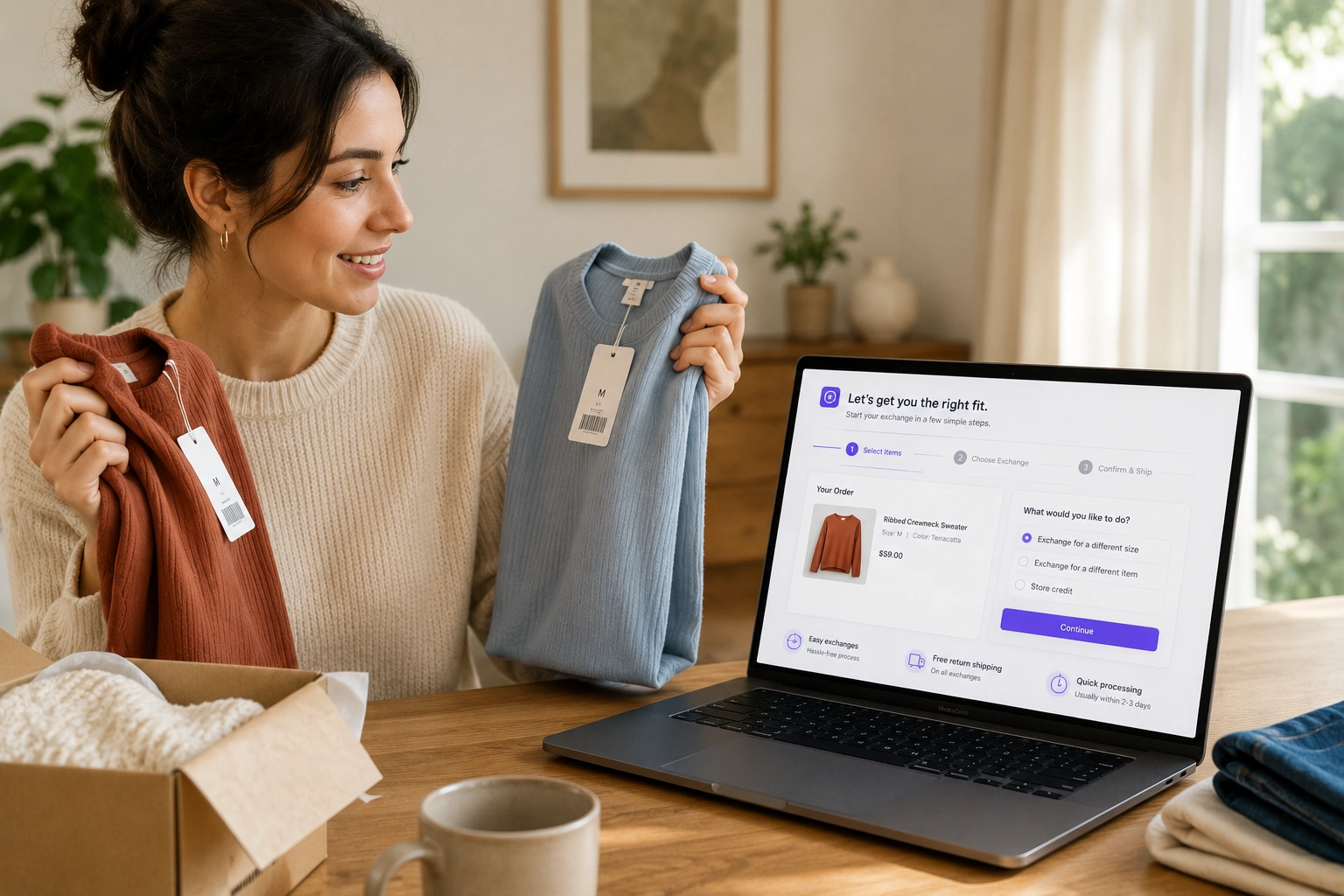 Customer holding a clothing item next to a laptop showing a self-service exchange portal
