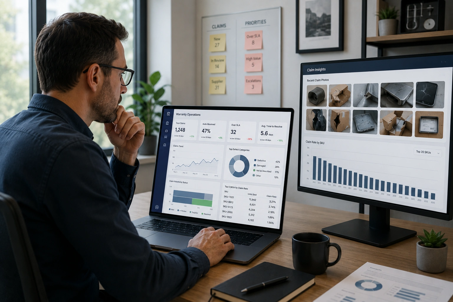 Operations team reviewing warranty claim data on a unified dashboard with AI-assisted triage