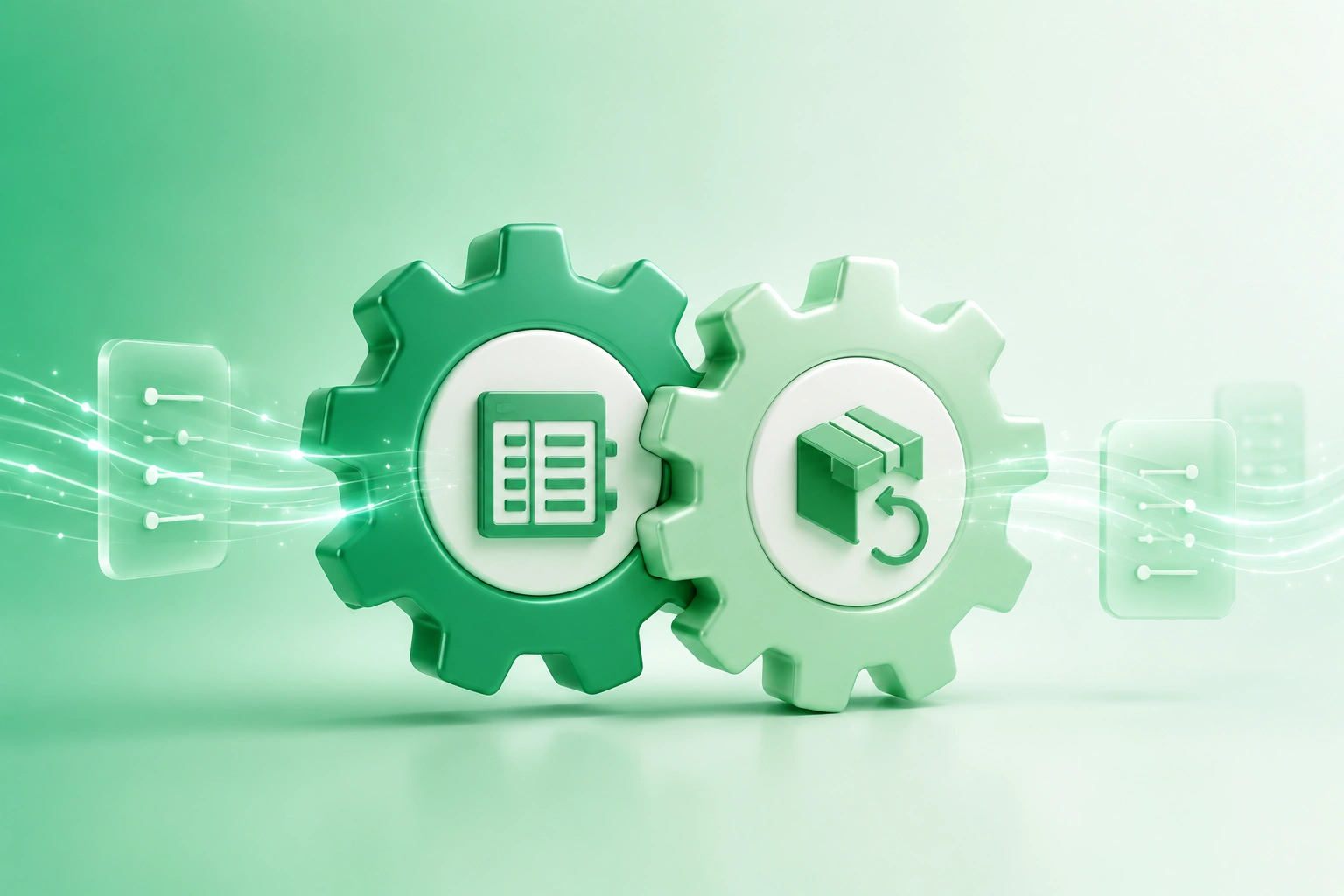 3D illustration of connected gears representing ERP system integration with a returns dashboard on a green gradient
