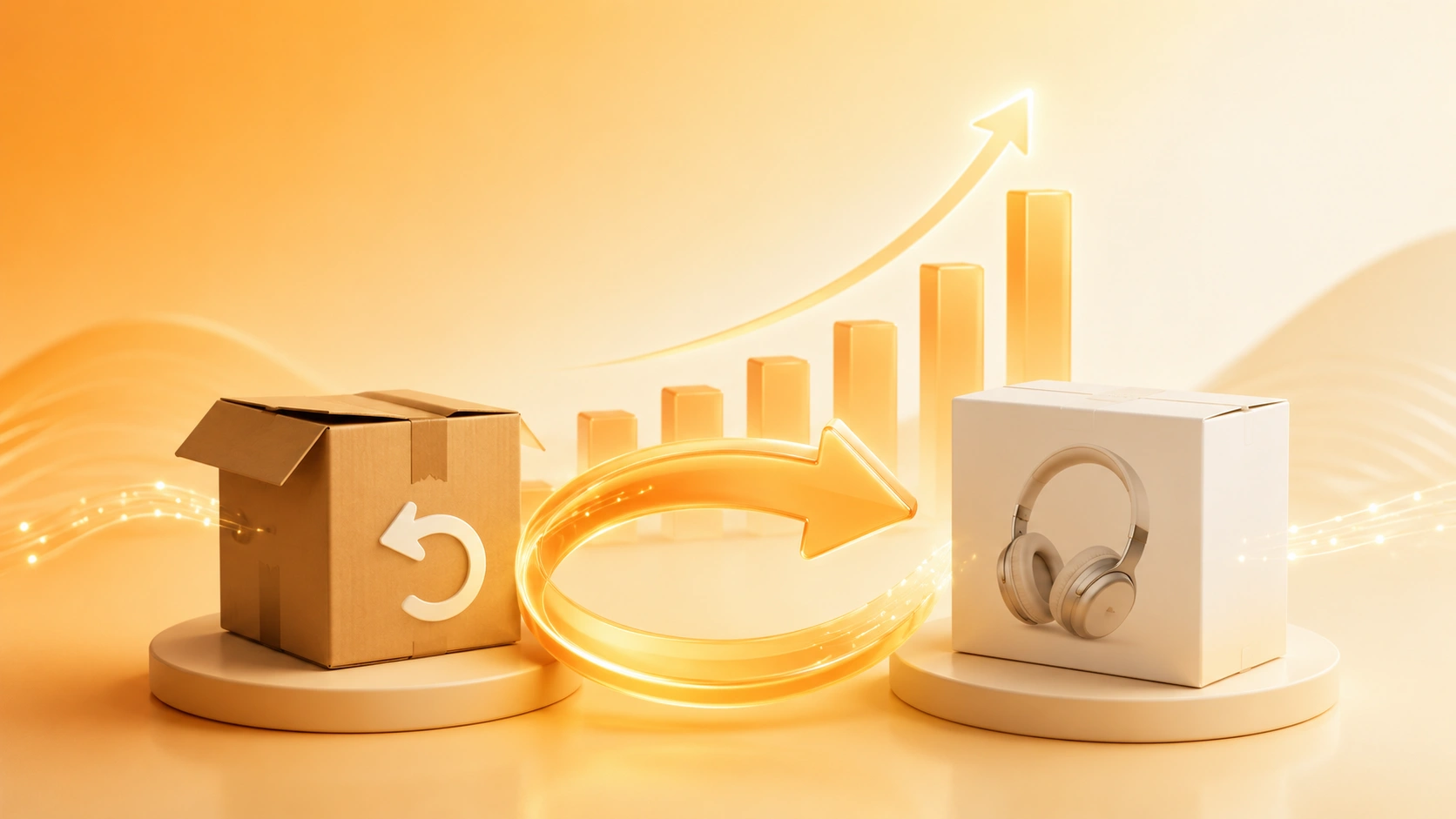 3D illustration of a circular arrow transforming a return box into a new product on a warm gradient background