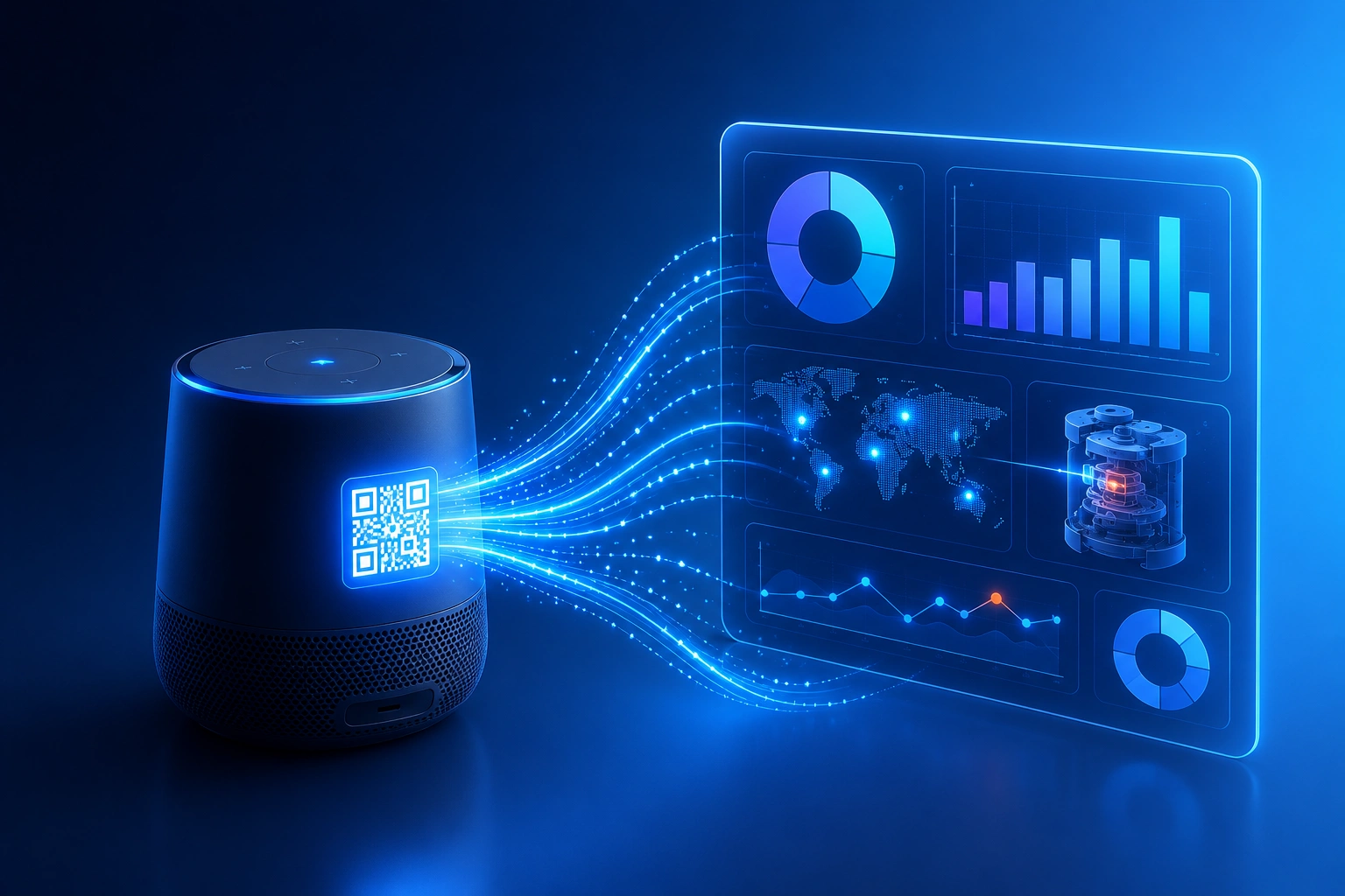 3D illustration of a product barcode transforming into a defect analytics dashboard on a deep blue gradient